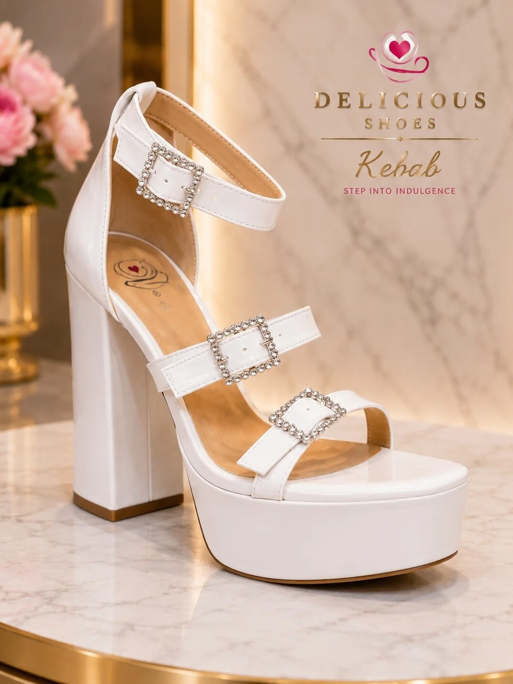 Delicious Shoes “Kebab” White Patent Rhinestone Platform Heels – NIB